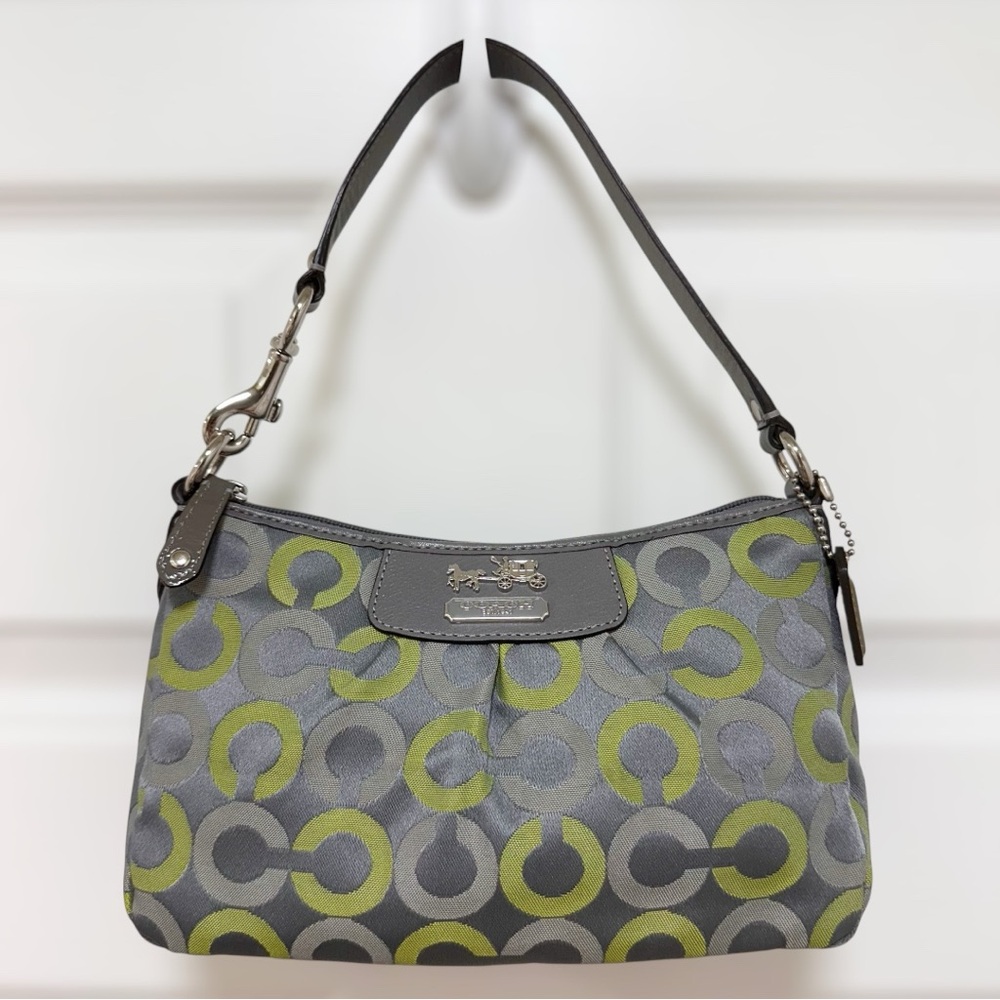 Coach Madison Demi Pouch Bag Op Art Graphite Gray Lime Green Leather